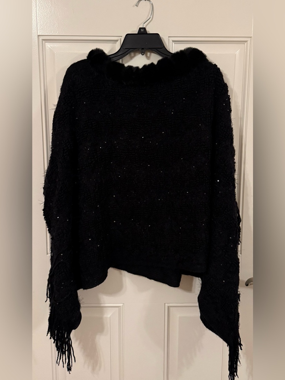 Black Sparkle Fringe Sweater with Faux-Fur Trim